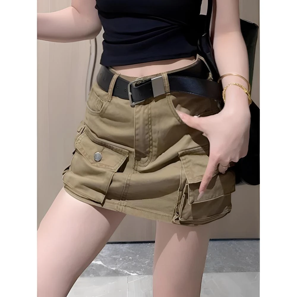 美式复古工装牛仔短裙女夏季新款高腰显瘦a字包臀半身裙潮送腰带