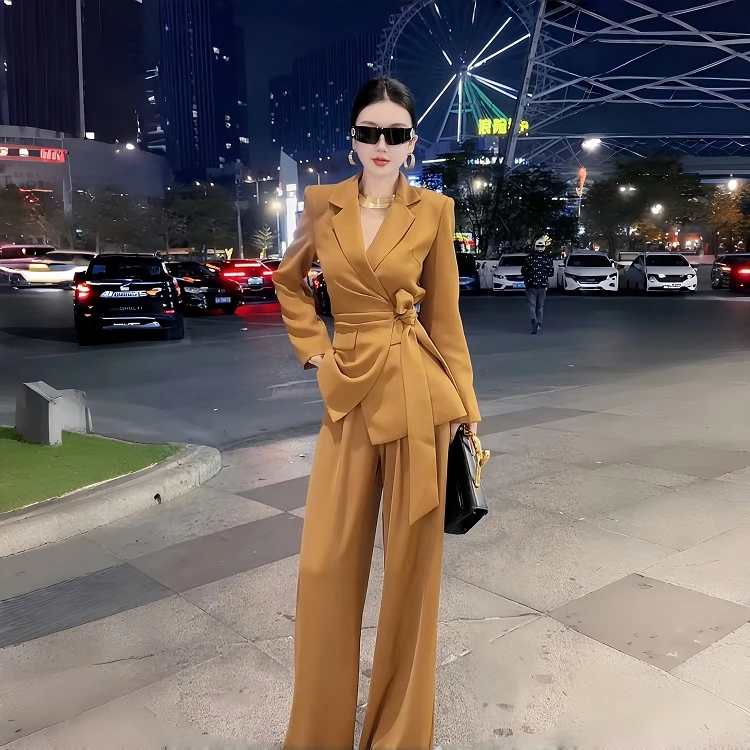 修身西装套装女显瘦气质长袖绑带西装外套高腰直筒裤女神名媛套装