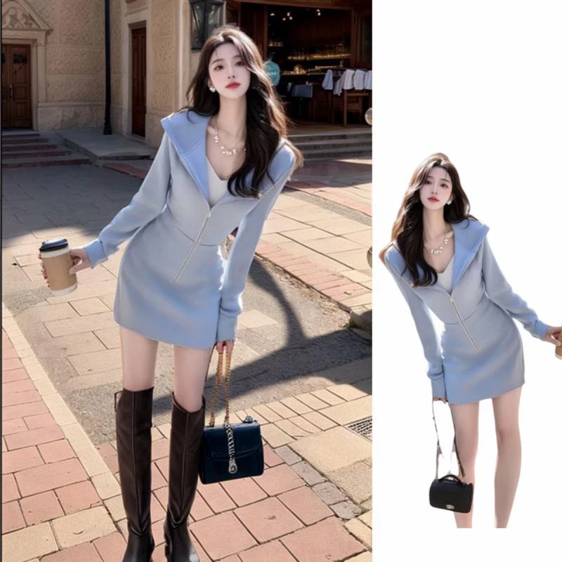 法式气质名媛高端女神范高级感漂亮独特收腰蓝色运动衫洋装子春季