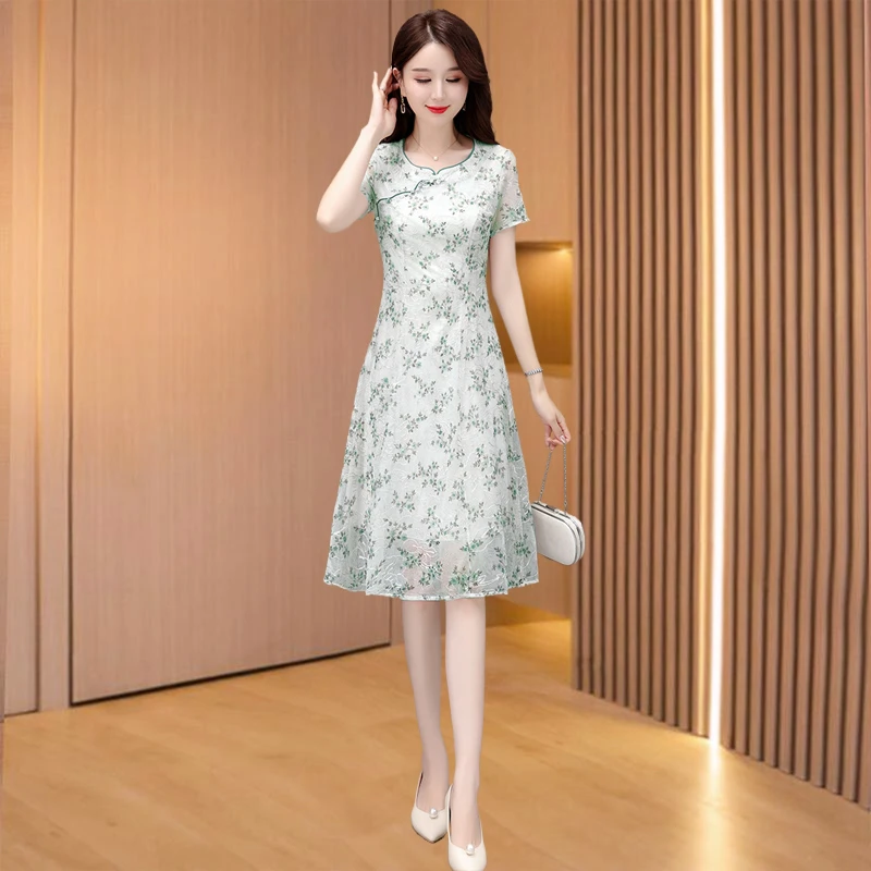 【可蓓儿】低领改良旗袍2024新款女夏高端高考小个子刺绣纱料连衣裙