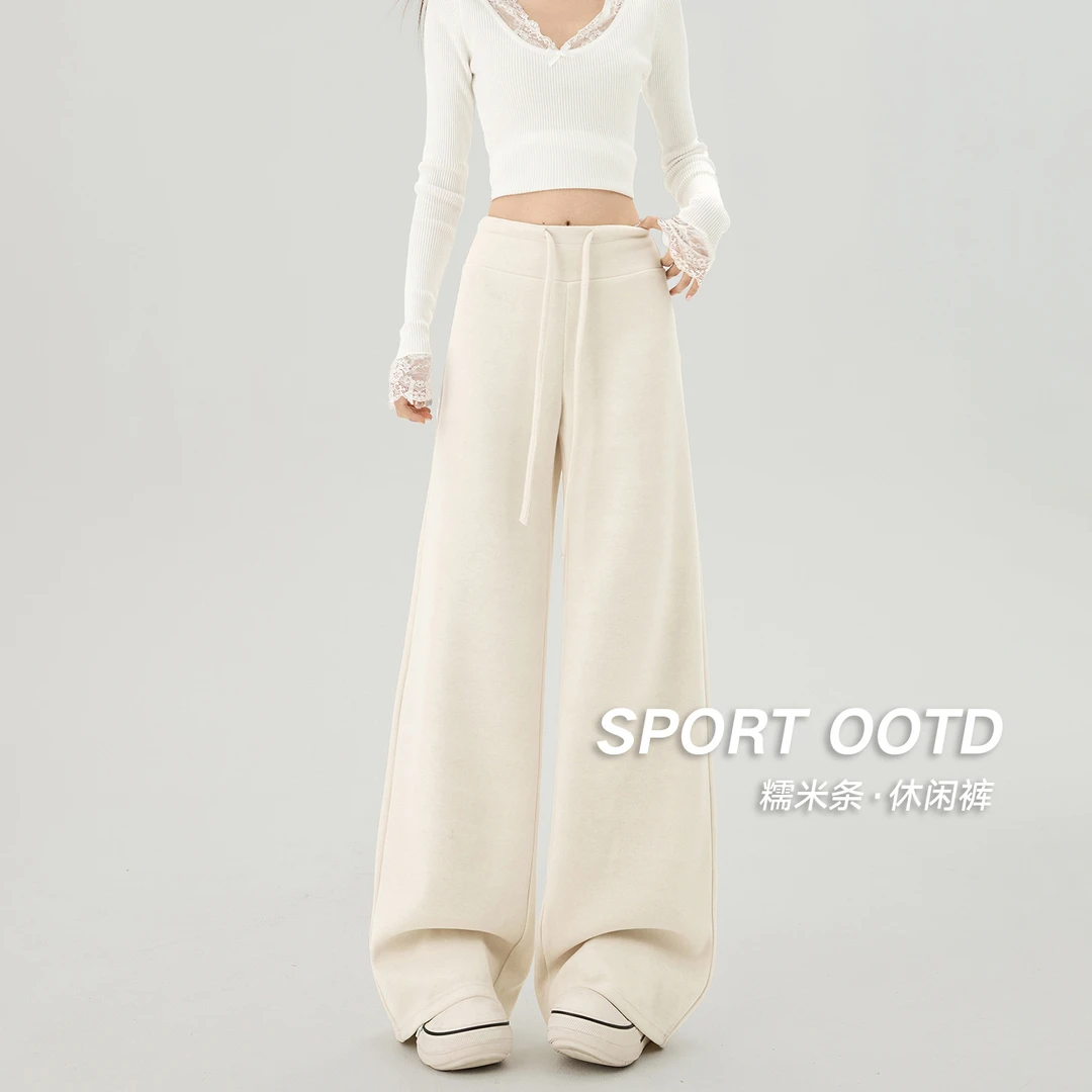 灰色加绒裤子女秋冬季垂感直筒窄版阔腿裤高腰瑜伽裤加厚运动卫裤