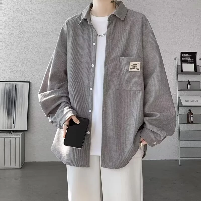 春秋季灯芯绒港风新款长袖衬衫男休闲宽松学生潮流百搭衬衣薄外套