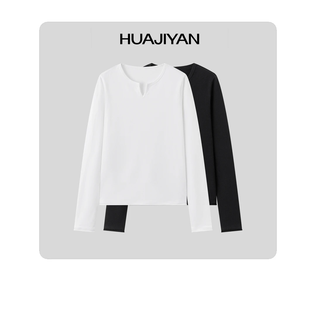 华吉言/HUAJIYANV【小水滴】纯棉简约基础百搭小v领打底上衣