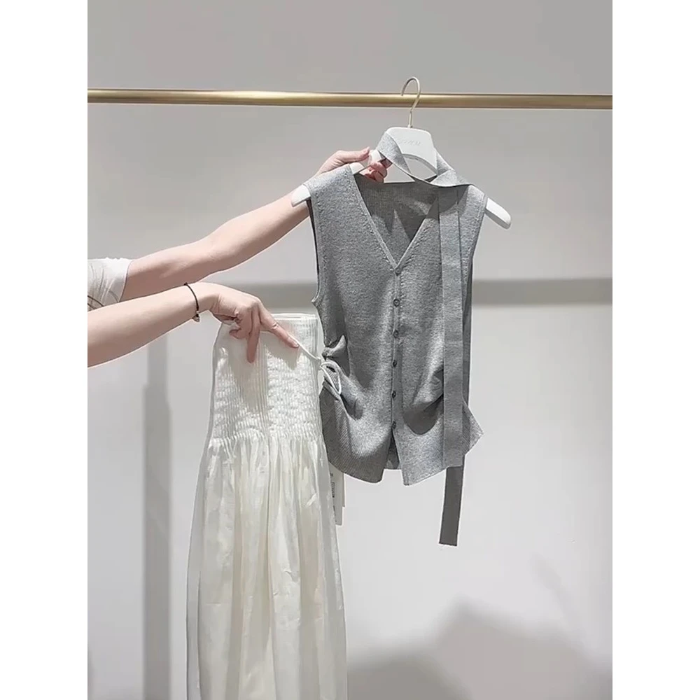 复古气质V领无袖针织马甲开衫女夏季新款时尚小众设计感百搭上衣