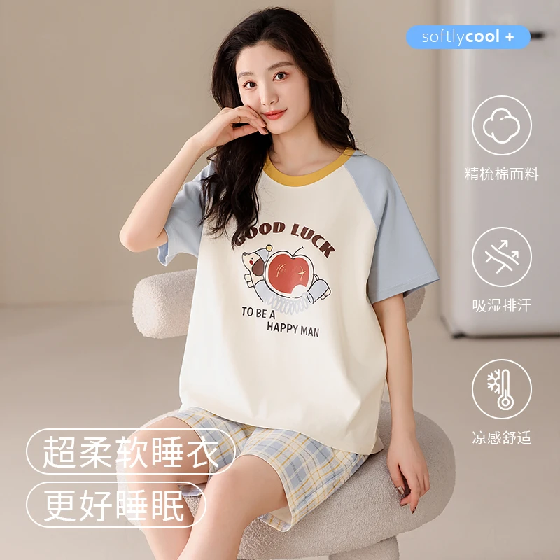 2025年新款睡衣女夏季纯棉短袖短裤薄款卡通女生家居服可外穿套装