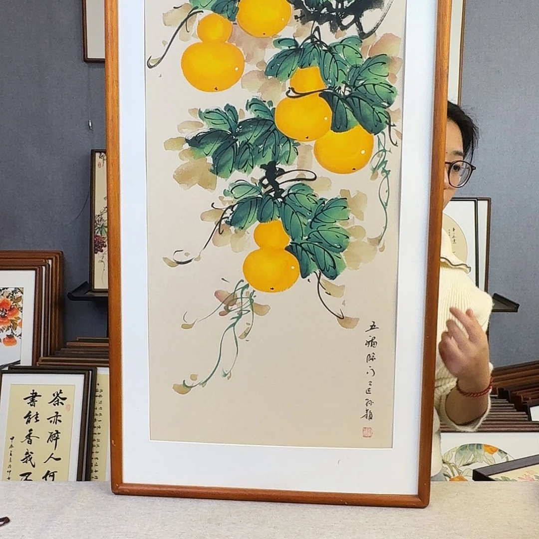 国画纯手绘，纯手写带框尺寸：53×103厘米