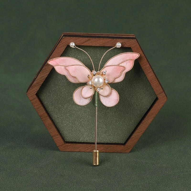 锌合金羽毛胸针 小众设计蚕丝绒花小蝴蝶胸针中国风旗袍马面裙手