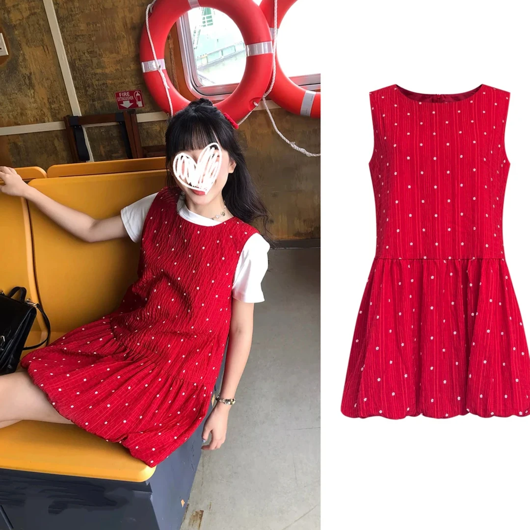#8203复古红色小清新小花褶皱背心裙夏季圆领气质少女连衣裙
