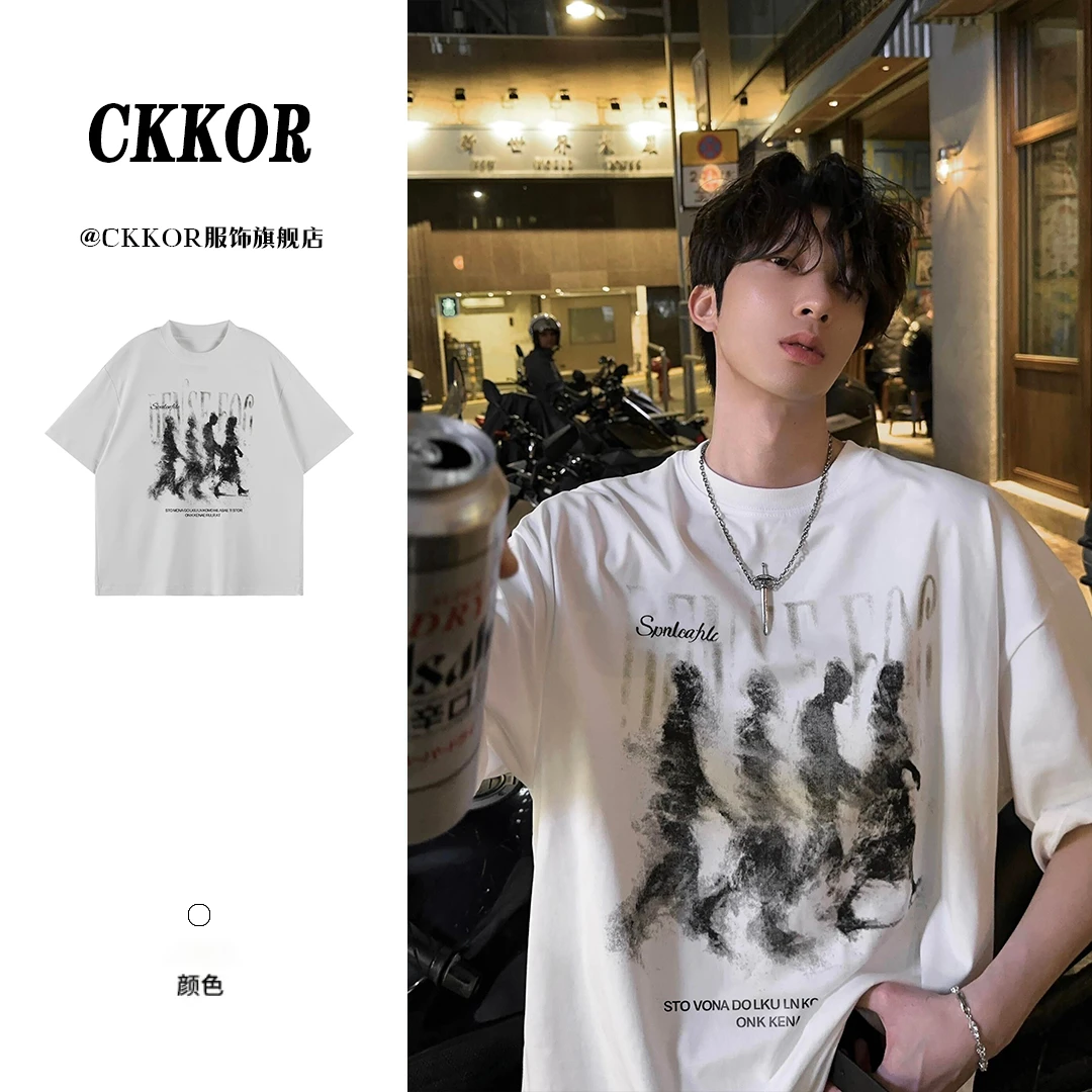 CKKOR夏季新款纯棉情侣短袖t恤美式复古高街字母印花休闲圆领上衣