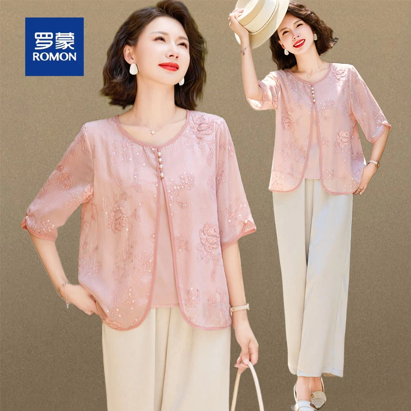 罗蒙中年妈妈夏装气质贵夫人短袖小衫套装洋气中老年短袖雪纺衫女