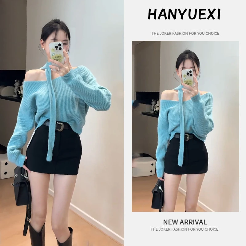 今年流行漂亮套装2026新款设计感时尚显瘦斜肩针织上衣短裙两件套