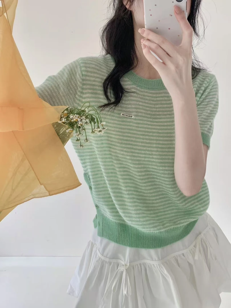 阿雨家巨好看！ 果绿条纹百搭圆领短袖8