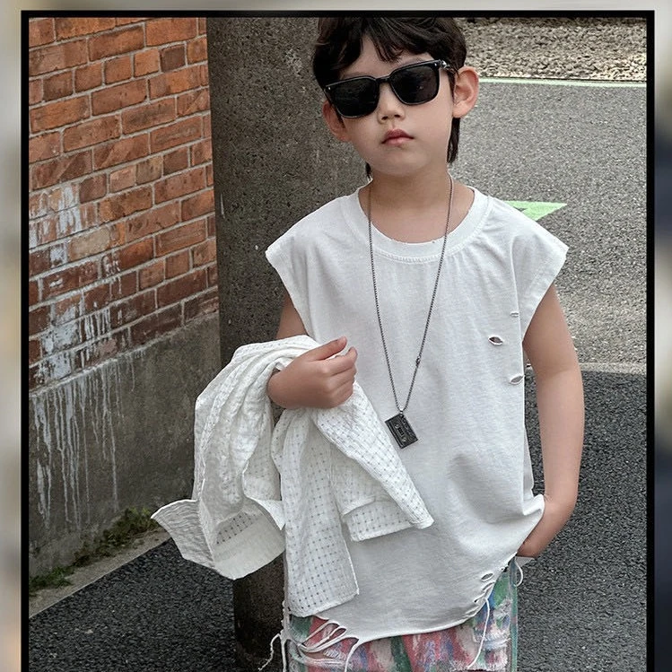 A8129 HY25192中童黑白两色无袖印花破洞短袖