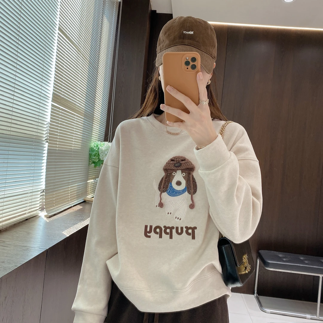 IMFLY金小金自制女装 加绒卫衣DYW9939秋冬韩版小狗刺绣圆领卫衣