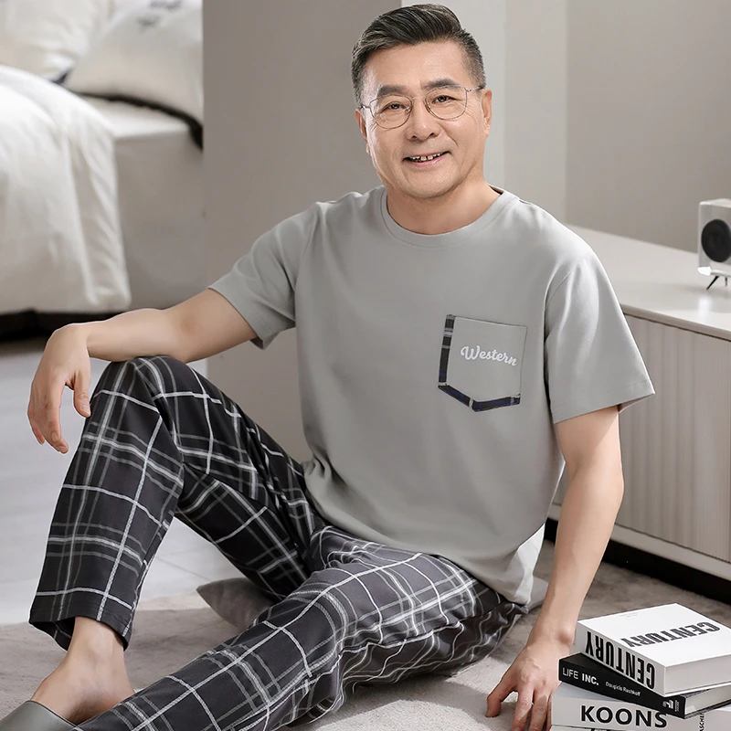 2025中老年人男睡衣夏季纯棉短袖长裤薄款爸爸家居服套装全棉老人