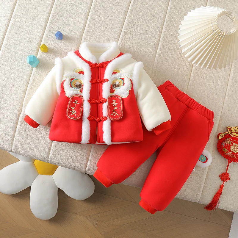 冬季宝宝加绒加厚保暖喜庆国风周岁宴礼服平安虎拜年服套装