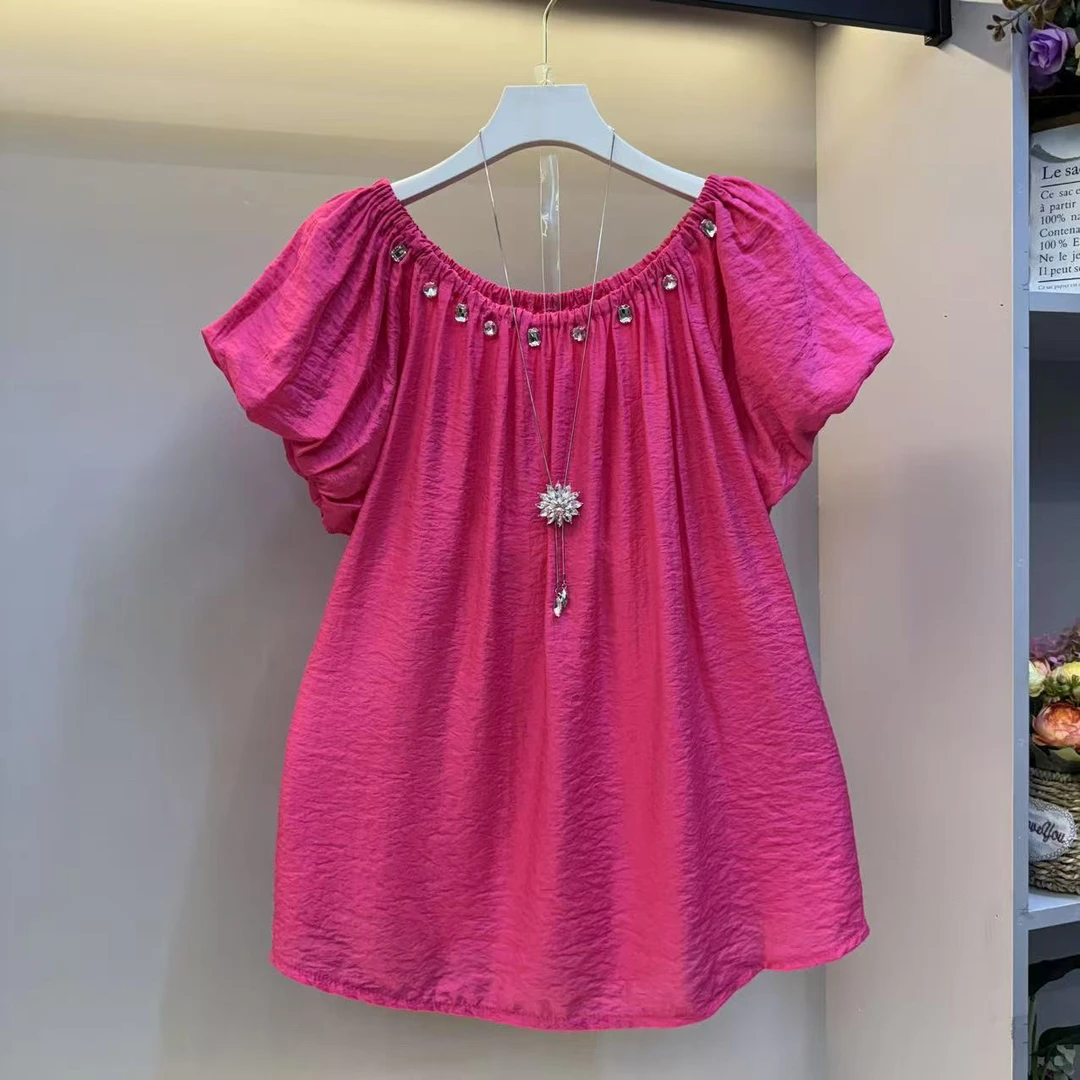 时尚大码女装重工钉钻泡泡袖洋气时尚夏季短袖女人衫