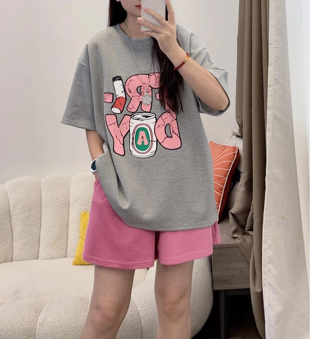 新款圆领短袖T恤衫女字母卡通印花宽松上衣+粉色裤子套装DYY2775