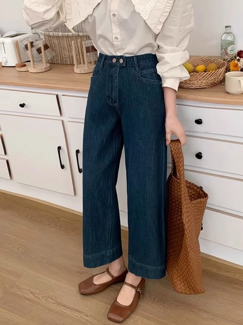 秋季新款复古蓝直筒牛仔裤女胖妹妹梨形身材宽松显瘦弹力阔腿裤子