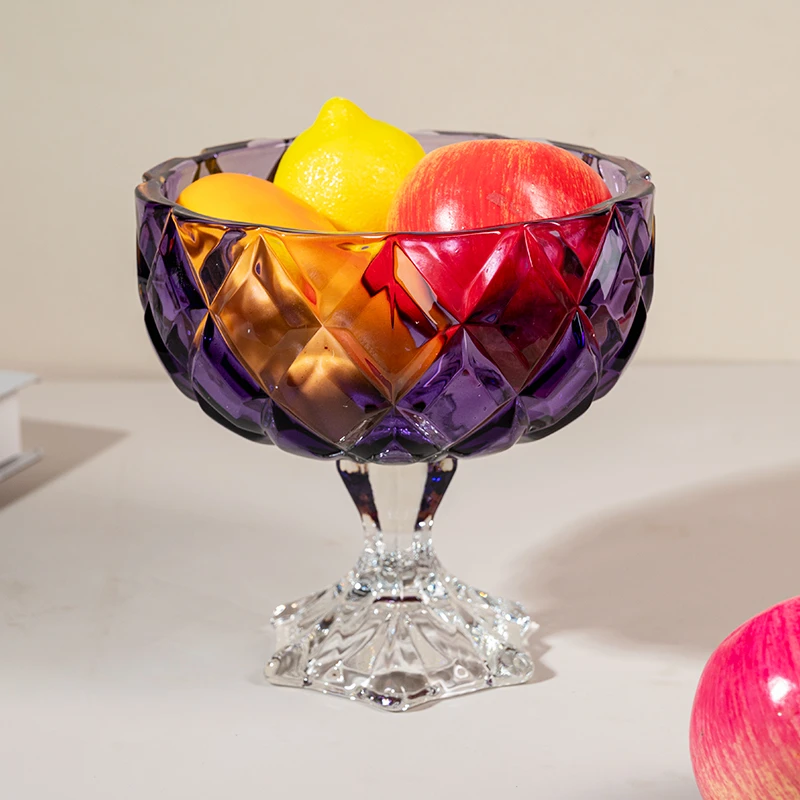 【甄选】紫色菱形大号高脚杯客厅摆件果斗高端上档次琉璃摆件H913