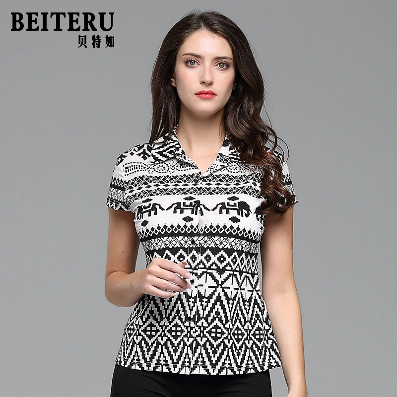 贝特如专柜正品女装上衣时尚夏新款短袖印花休闲衬衫妈妈装YI夏季