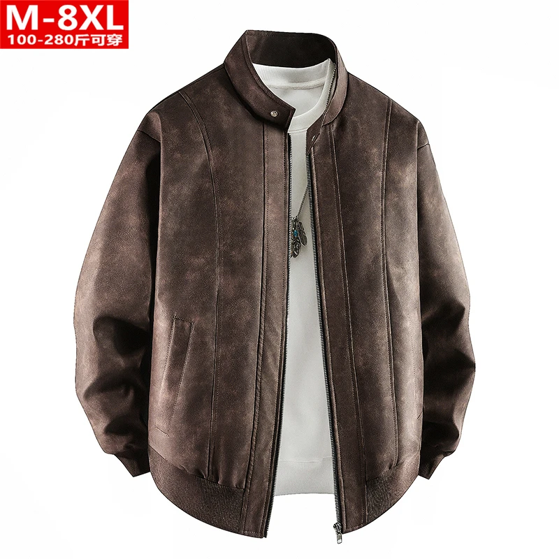 春秋季潮流港风男装帅气时尚复古PU皮夹克胖大码加肥宽松休闲外套