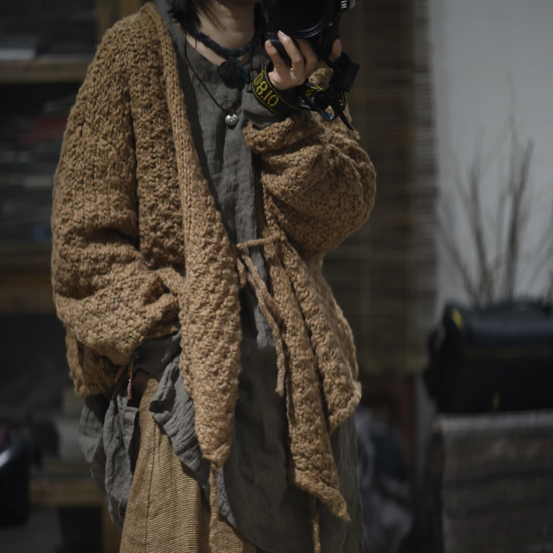 素年未央 SN121 文艺宽松休闲斜襟系带针织毛衣开衫