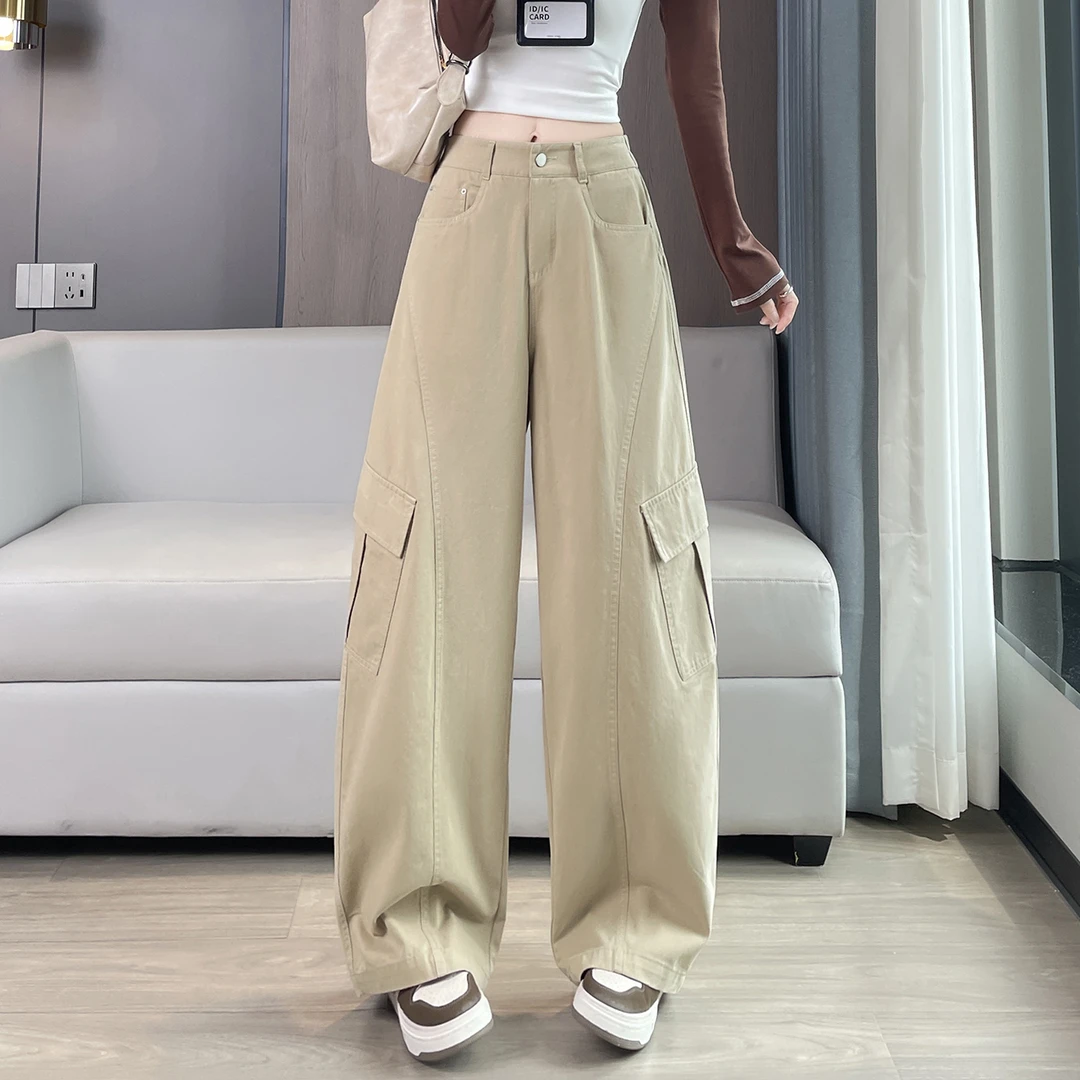 美式弯刀工装裤女春秋2025新款高腰宽松后松紧腰休闲慵懒阔腿裤子