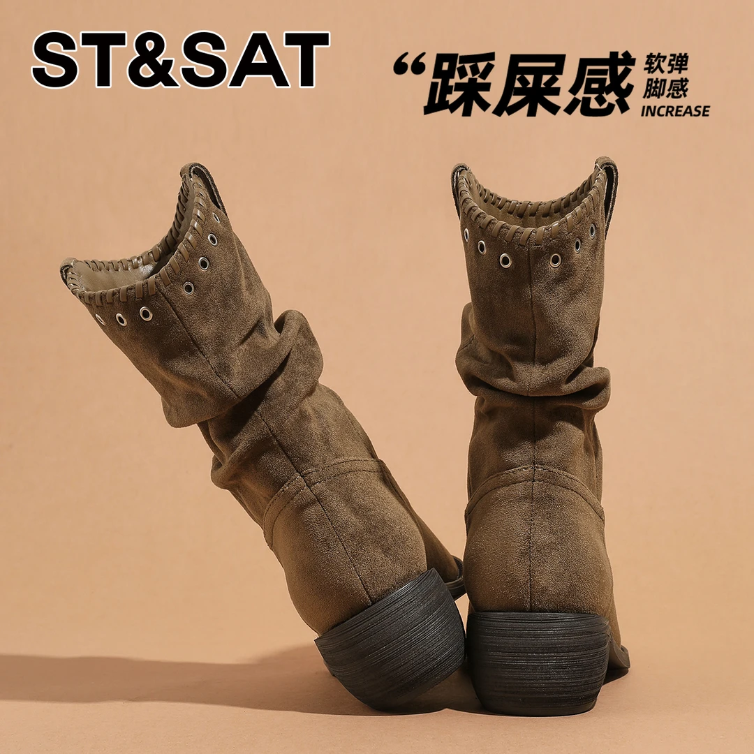 星期六美拉德短靴子女款2025新款秋冬季复古堆堆靴加绒西部牛仔靴