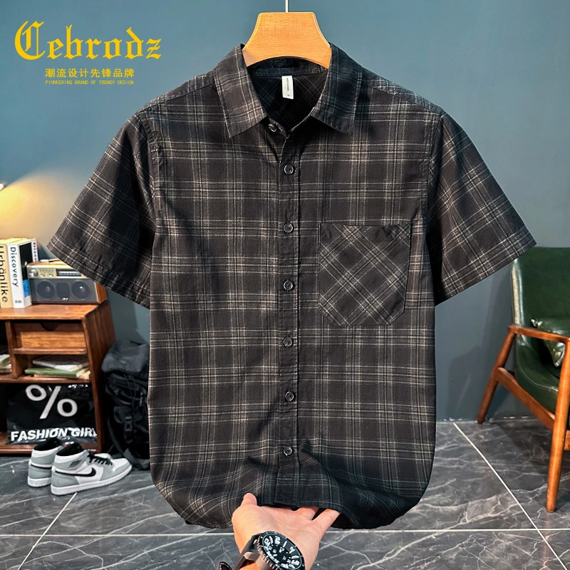 法国Cebrodz夏季复古格子短袖衬衫男士轻奢时尚百搭帅气宽松衬衣