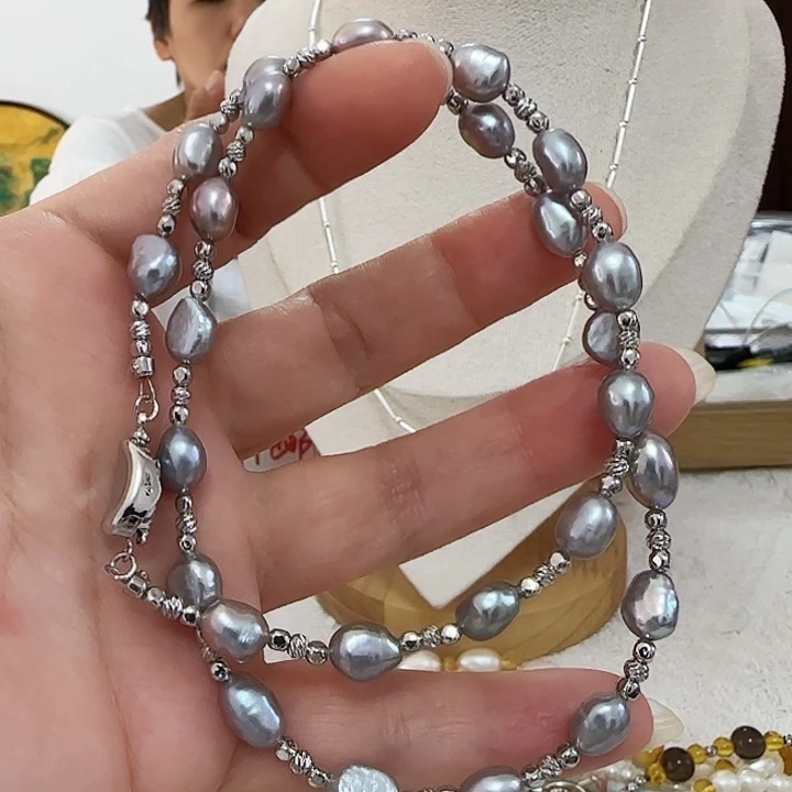 听***海颈饰未镶嵌淡水珍珠灰色炫彩珠项链款式链有纹