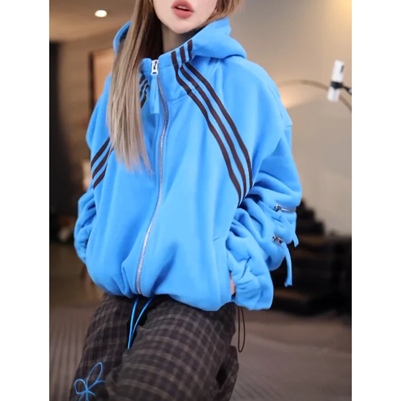 蓝色连帽开衫拉链卫衣女2026年秋冬新款宽松慵懒风经典三条杠外套