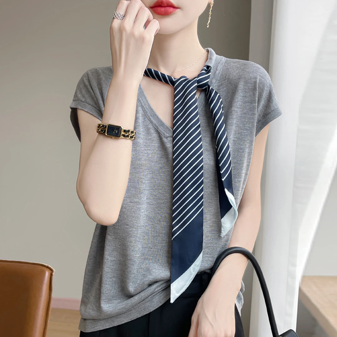 胖mm特大码女装夏装冰丝针织衫女士短袖t恤遮肚子巨显瘦丝巾上衣