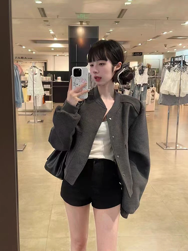 灰色小个子美式学院风棒球服女运动开衫短款外套潮牌