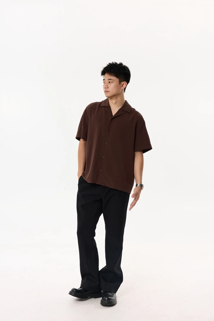 Luccalily天丝砂洗一片领夏季男亚麻老钱短袖衬衫法式山系