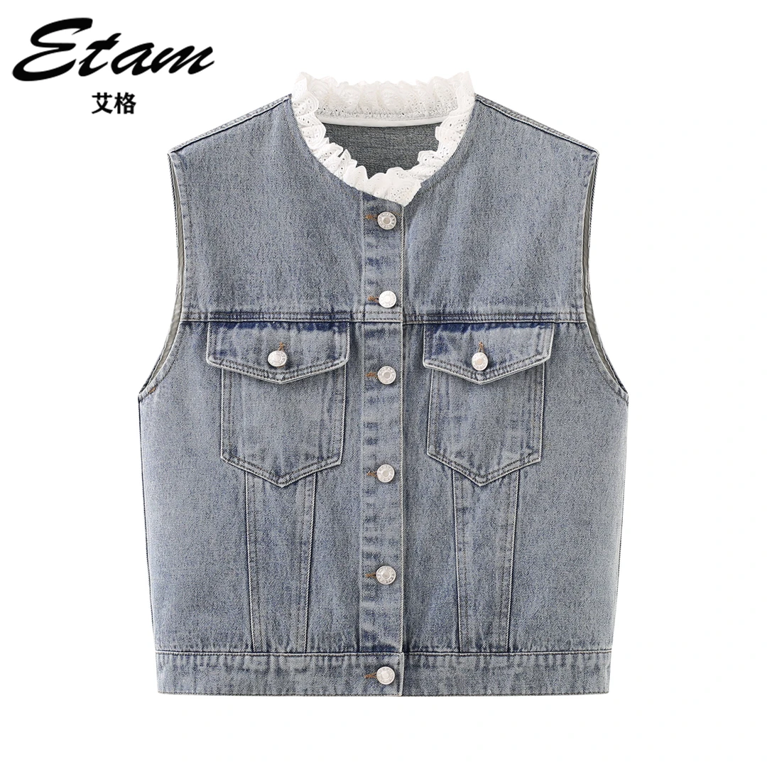 Etam/艾格蓝色复古花边圆领牛仔马甲2025秋季新款超好看无袖上衣