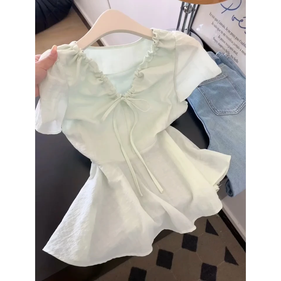 法式甜美减龄百搭小众别致设计感上衣女2025韩版夏季气质v领衬衫