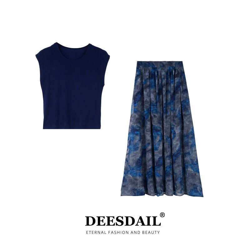 DEESDAIL设计师简约冰丝上衣小众复古优雅半身裙女时尚套装Y074