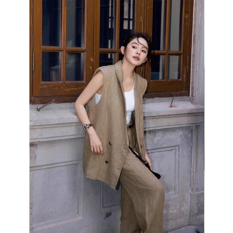 老钱风松弛感亚麻套装女夏季休闲简约无袖马甲阔腿裤设计感两件套