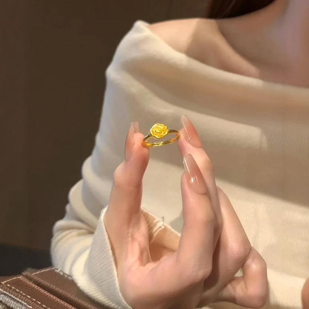 铜合金戒指 金色玫瑰花开口戒指女时尚素圈花朵指环可调节戒指