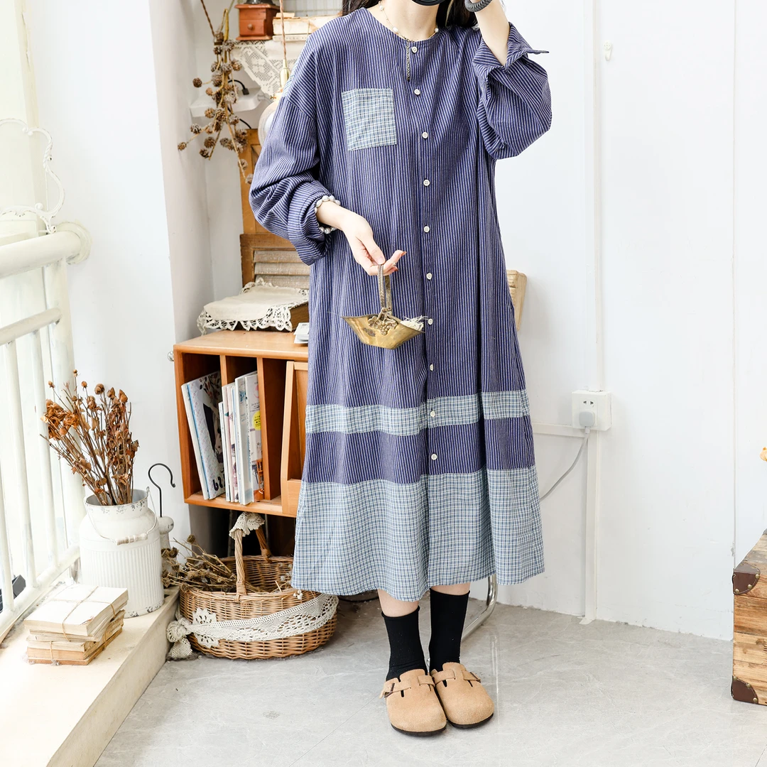 美村日系高端日系复古文艺条纹拼接衬衫裙女开衫外套中长款连衣