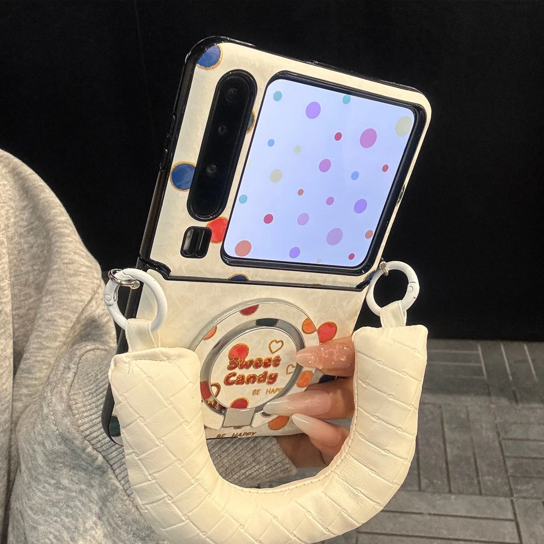 适用华为purax典藏版手机壳皮质彩色波点pocket2英文磁吸支架手绳