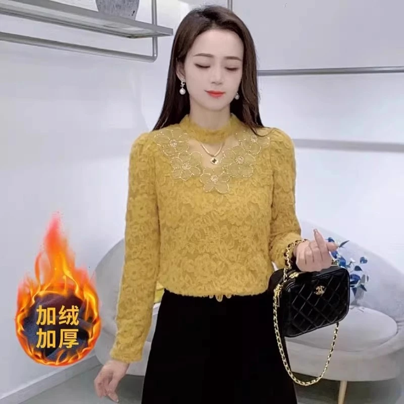 时尚气质蕾丝打底衫女2025秋冬新款洋气保暖气质减龄加绒加厚上衣