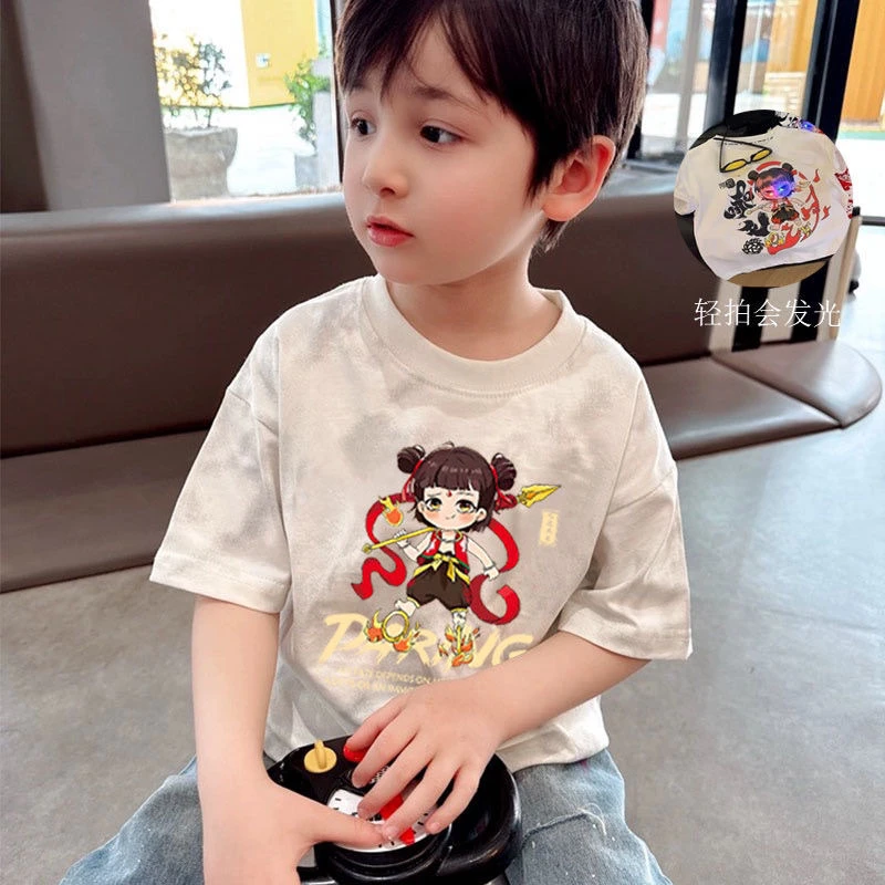 【亮灯款】卡通动漫发光哪吒儿童短袖T恤2025夏季新款宽松打底衫t