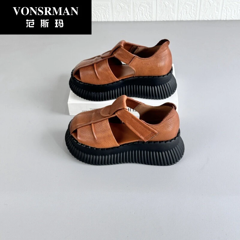 头层复古罗马凉鞋女2025夏季新款厚底增高透气外穿休闲凉拖鞋轻奢