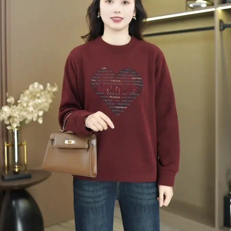 加厚常规款套头印花圆领长袖卫衣上衣休闲加绒洋气秋装打底