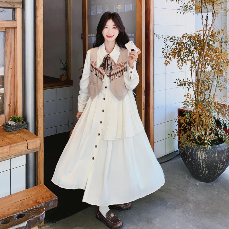 米白色长袖不规则连衣裙马甲两件套女秋巨好看高级感大方得体套装