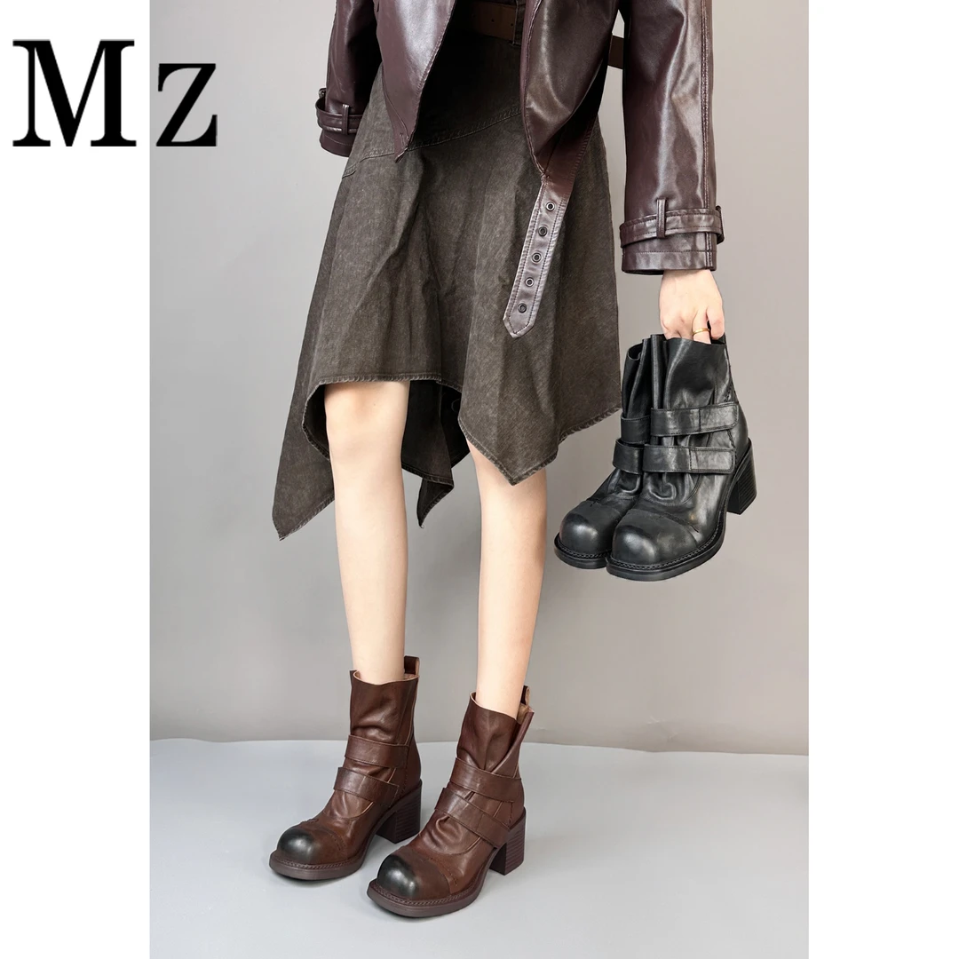 Mr.Zheng/6cm/复古百搭真皮短靴女擦色粗跟高跟靴子圆头个性女靴