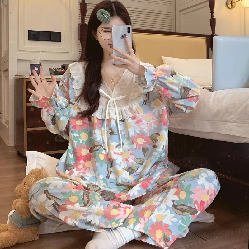 睡衣女春秋季云朵棉长袖甜美花朵可外穿薄款秋天套装家居服新款