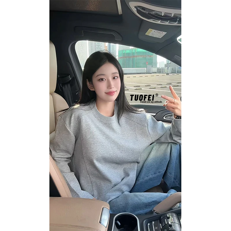 灰色解构正肩长袖T恤男秋季小领口打底衫cleanfit曼巴棉圆领卫衣